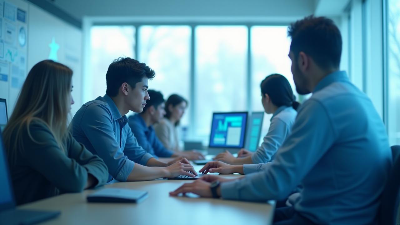 Diverse students in a modern computer lab analyzing crypto charts on Twilight Launch simulator