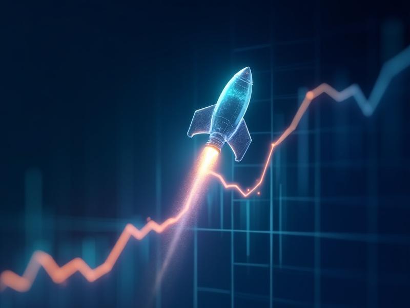 Abstract 3D illustration of a rocket ascending a digital financial chart in a simulated environment