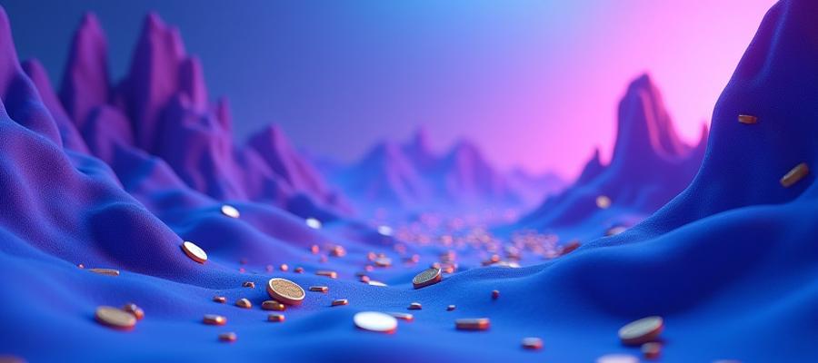 Digital landscape with low-poly coins and gaming assets in a virtual world
