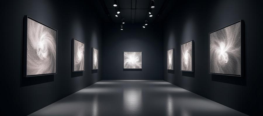 Artistic digital gallery visualization showing fractionalized ownership