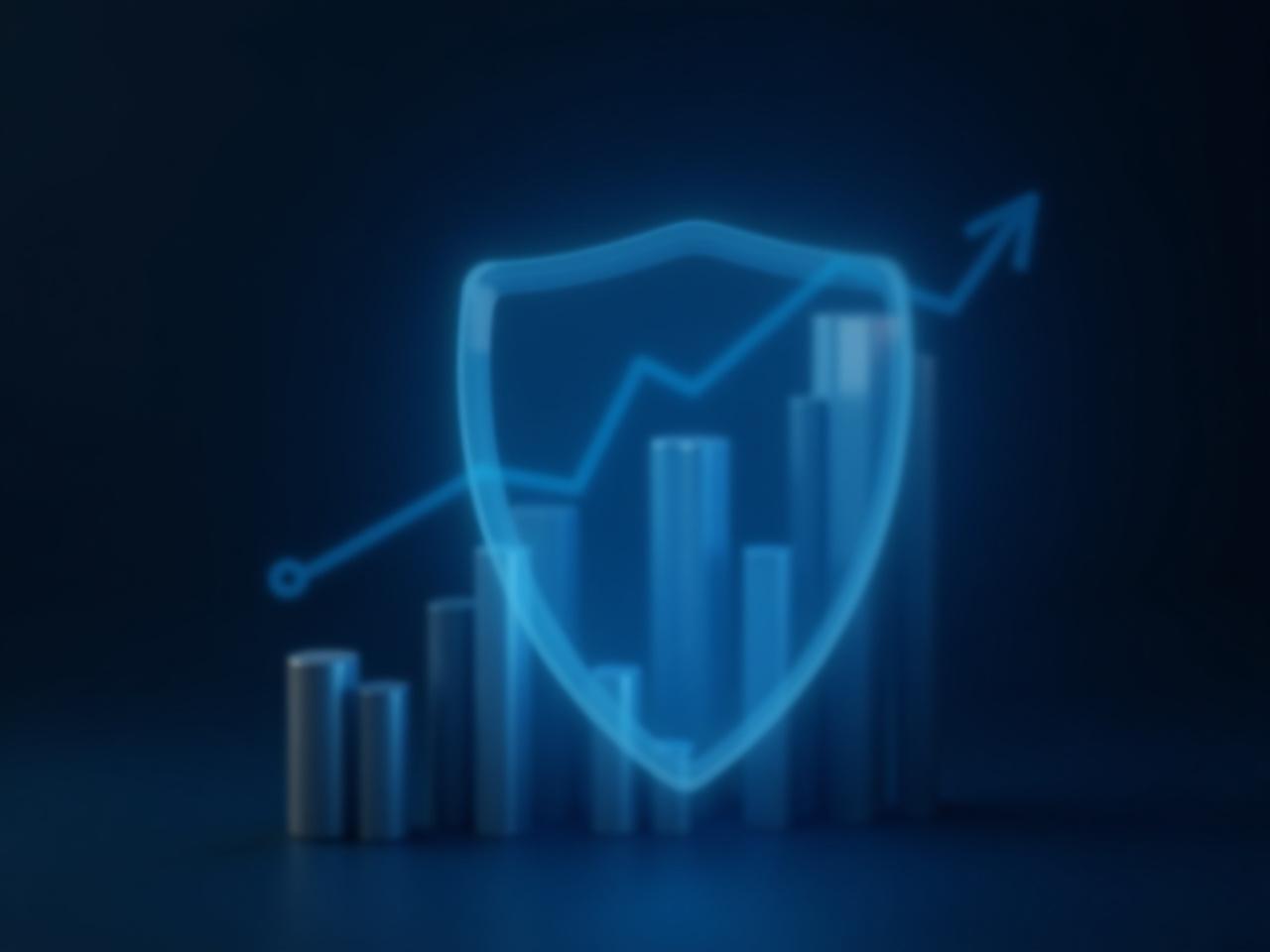 3D visualization of a digital shield protecting a growing financial chart, representing crypto risk management